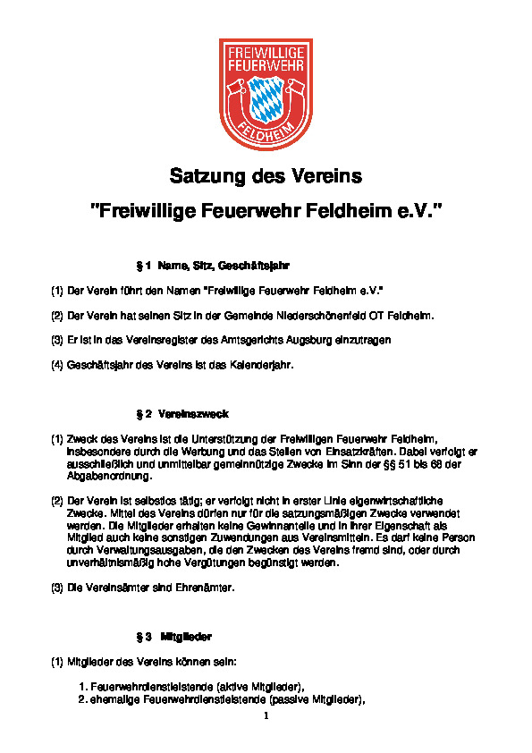 Satzung Freiwillige Feuerwehr Feldheim